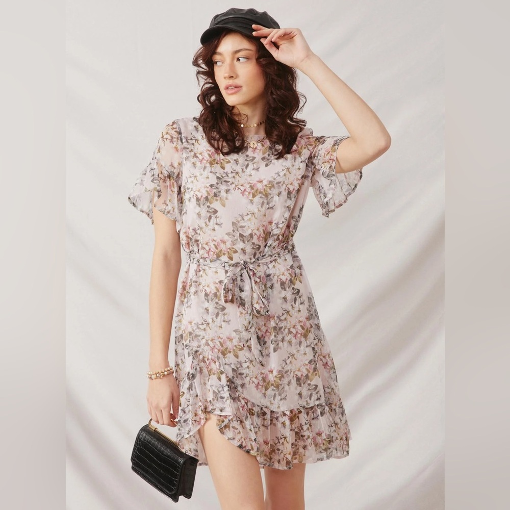 Hayden LA Floral Chiffon Tie Waist Dress Pink Ruffle Hem Medium